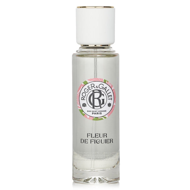 A 30ml bottle of Roger & Gallet Fleur De Figuier fragrant water with a refreshing fig scent, promoting wellbeing and mood enhancement.