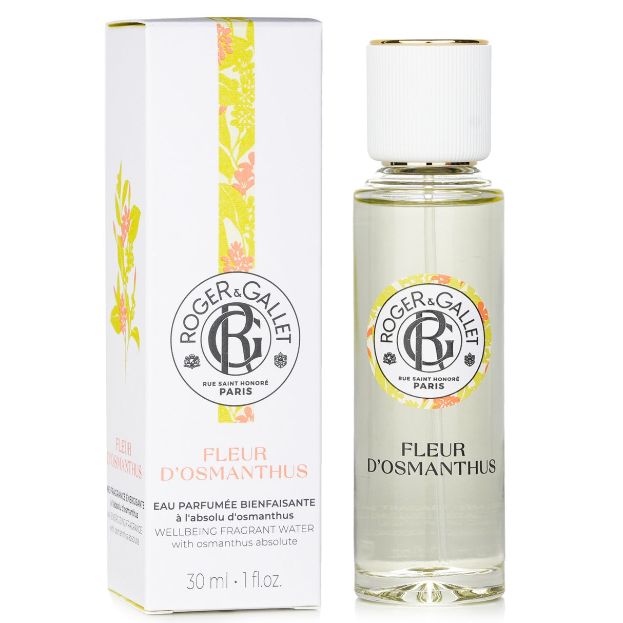 30ml bottle of Roger & Gallet Fleur D'Osmanthus Fragrant Water, featuring a floral blend for serenity and well-being.