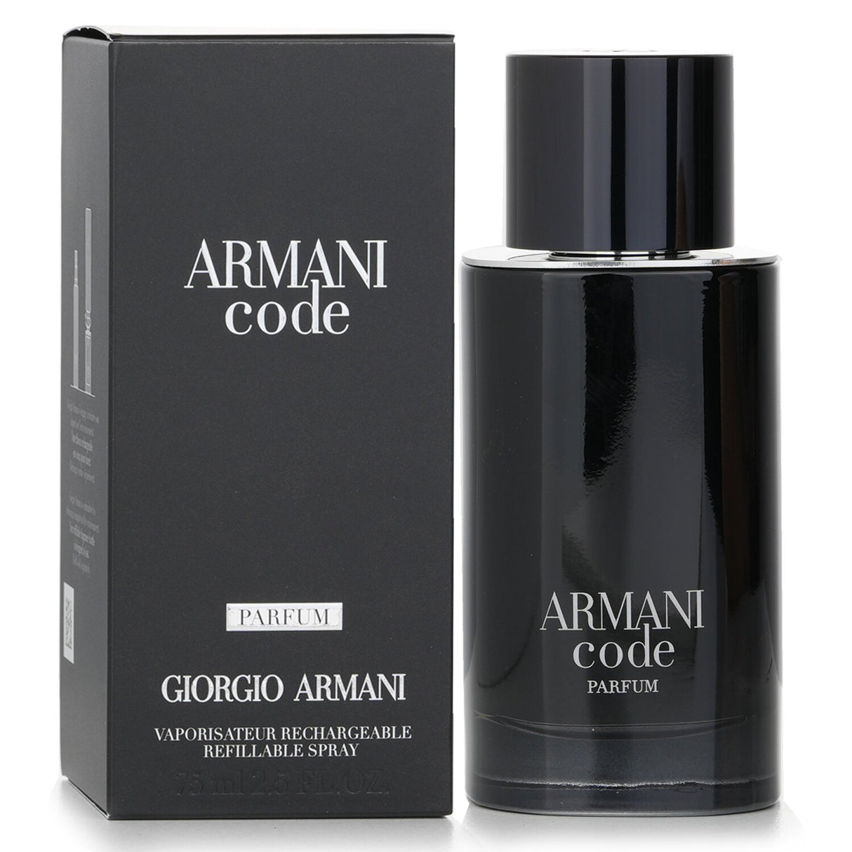 Giorgio Armani Armani Code Parfum 75ml spray, a refillable woody aromatic fragrance, embodying strength and sophistication for men.