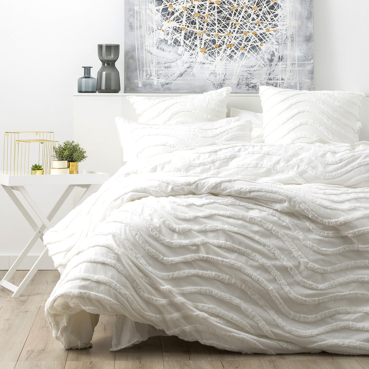 Wave 100% Cotton Chenille Vintage Quilt / Duvet cover Set Double White