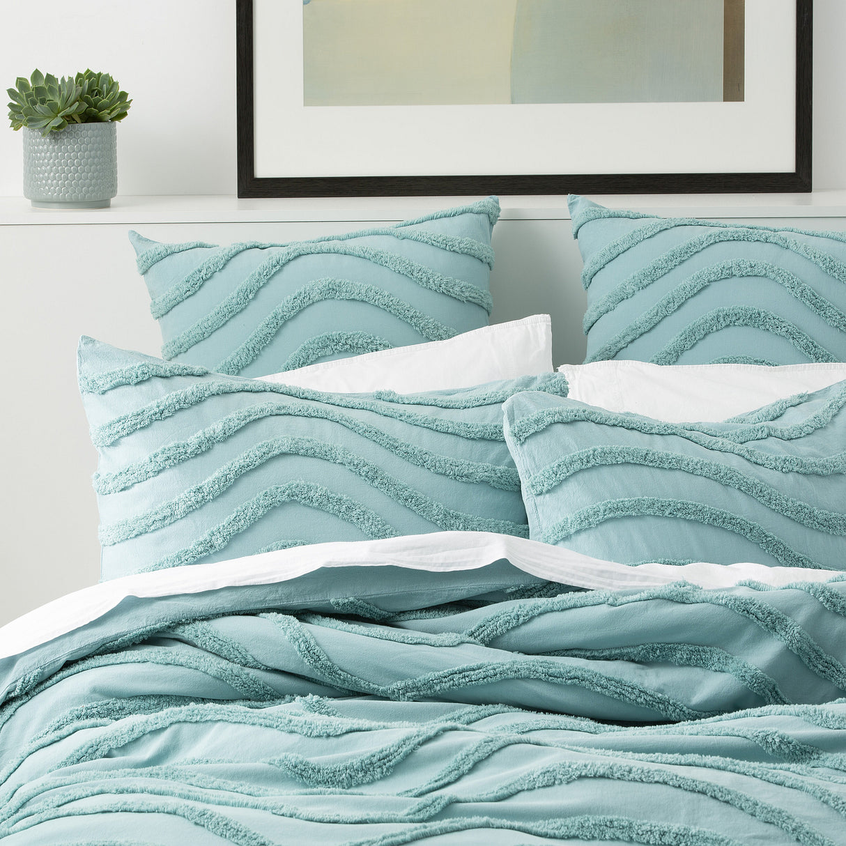 Wave 100% Cotton Chenille Vintage washed tufted Quilt cover Set Double Aqua