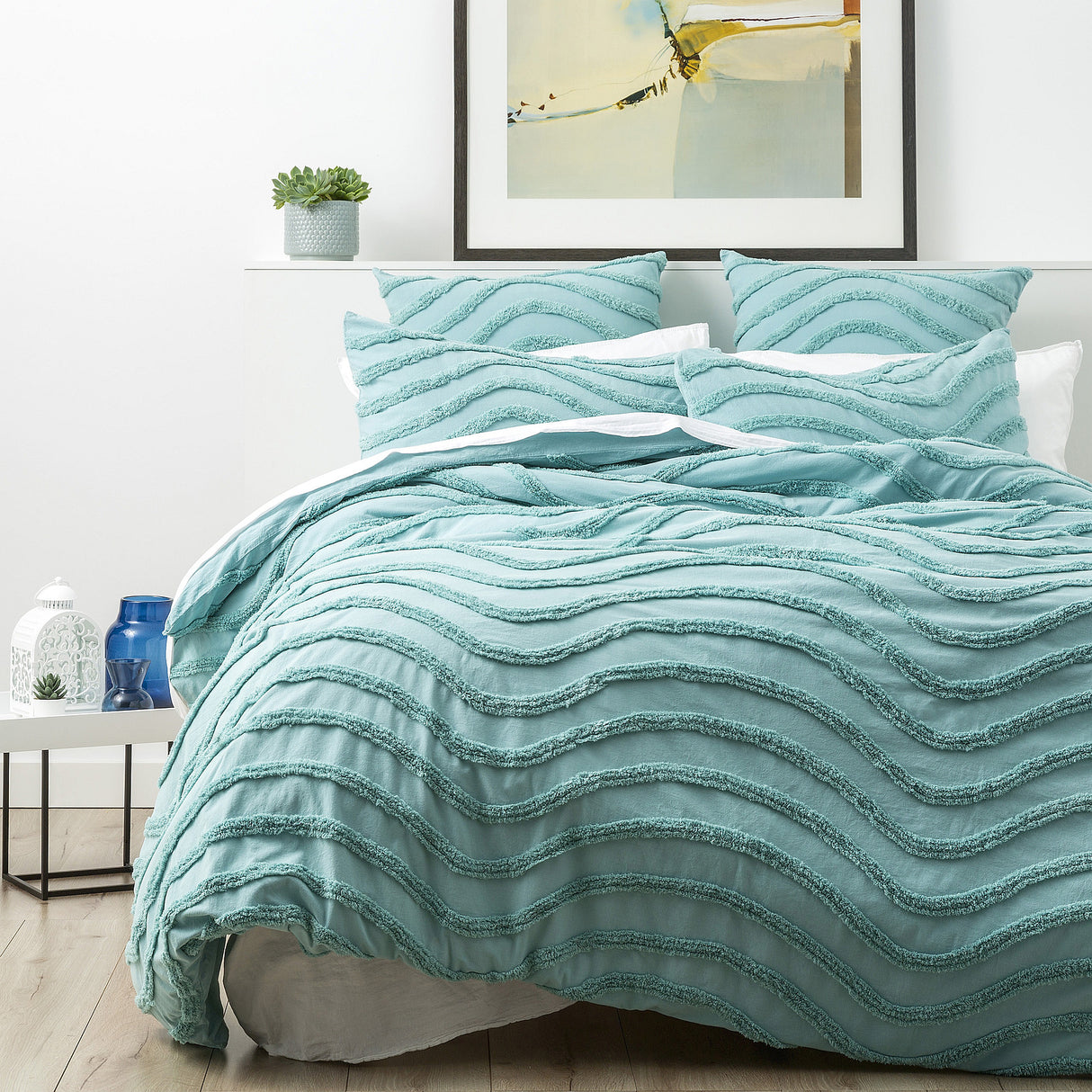 Wave 100% Cotton Chenille Vintage washed tufted Quilt cover Set Double Aqua