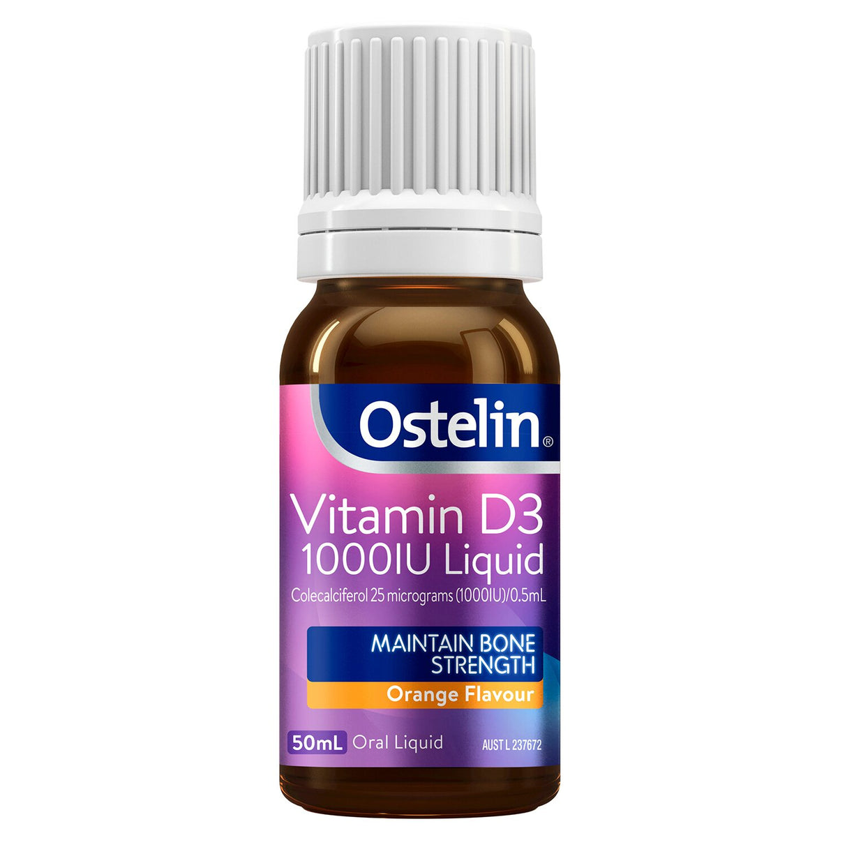 Ostelin Vitamin D Liquid 50ml, providing 1000IU of D3 for bone health, immune support, easy dosing with a measuring dispenser.