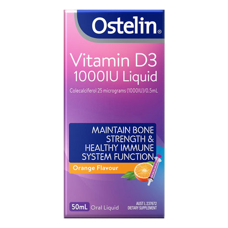 Ostelin Vitamin D Liquid (50ml) bottle featuring a measuring dispenser for easy daily intake of 1000IU vitamin D3.