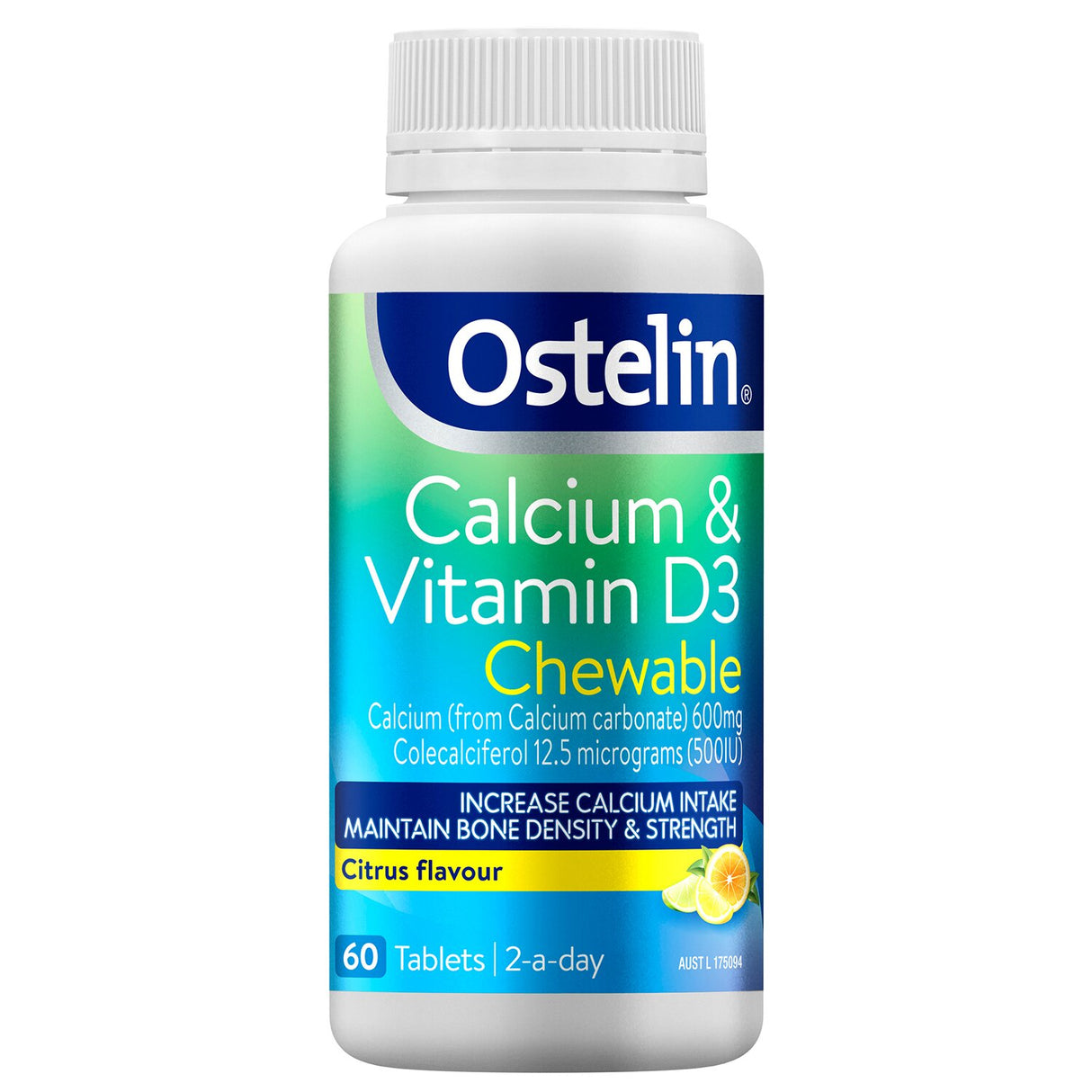 Ostelin Calcium & Vitamin D Chewable tablets, citrus-flavored, ideal for bone health, 60 easy-to-chew tablets in each pack.