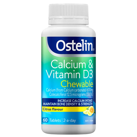 Ostelin Calcium & Vitamin D Chewable tablets, citrus-flavored, ideal for bone health, 60 easy-to-chew tablets in each pack.