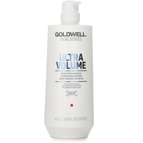 Goldwell Dualsenses Ultra Volume Bodifying Shampoo 1000ml revitalizes fine hair with volume, Rice Protein, and a fruity floral scent.