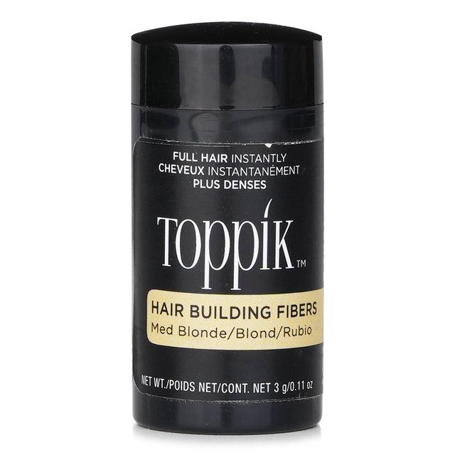 Toppik Hair Building Fibers in #Med Blonde enhances volume and thickness for fine hair with natural keratin fibers.