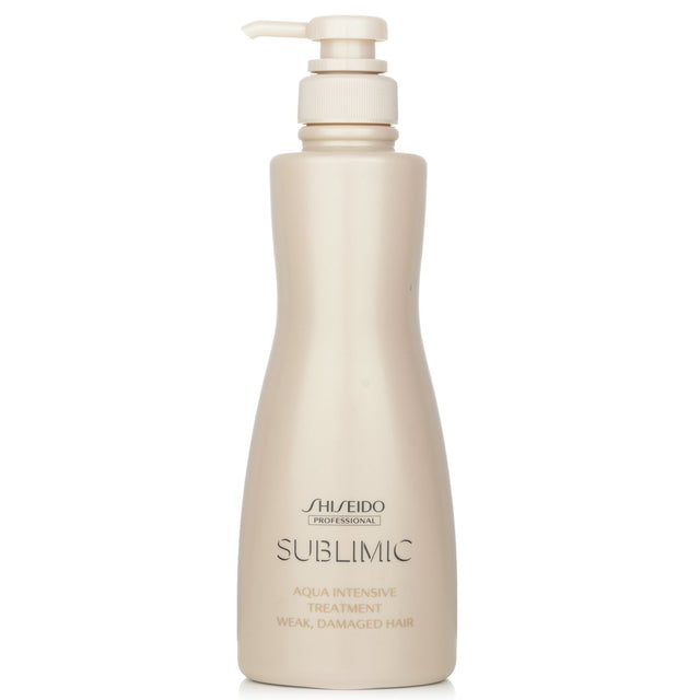 Shiseido Sublimic Aqua Intensive Treatment for weak, damaged hair in a 500g container, nourishes and revitalizes lifeless locks.