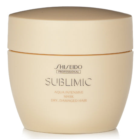 Shiseido Sublimic Aqua Intensive Mask in 200g jar, revitalizing dry, damaged hair with deep hydration and a floral fragrance.