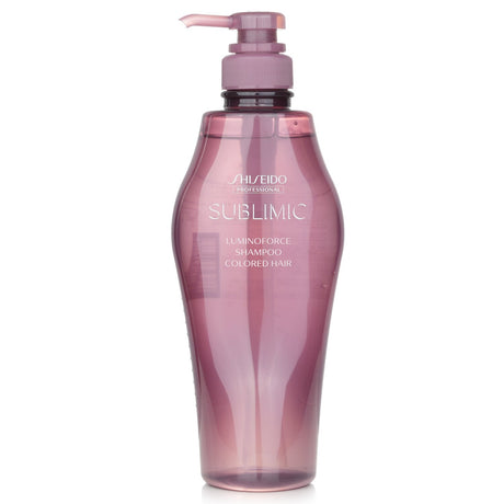 Shiseido Sublimic Luminoforce Shampoo for colored hair, 500ml, enhances shine, repairs, and protects color vibrancy.