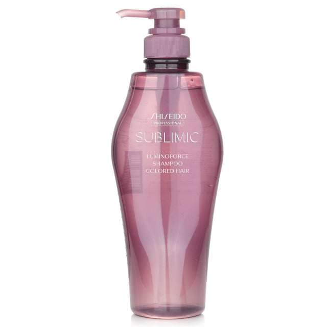 Shiseido Sublimic Luminoforce Shampoo for colored hair, 500ml, enhances shine, repairs, and protects color vibrancy.