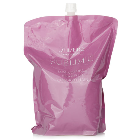 Shiseido Sublimic Luminoforce Shampoo Refill, 1800ml, for vibrant, healthy colored hair with deep hydration and UV protection.