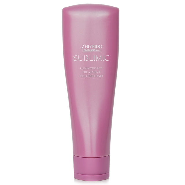 Shiseido Sublimic Luminoforce Treatment for colored hair, enhancing shine and moisture with a luxurious rose fragrance.