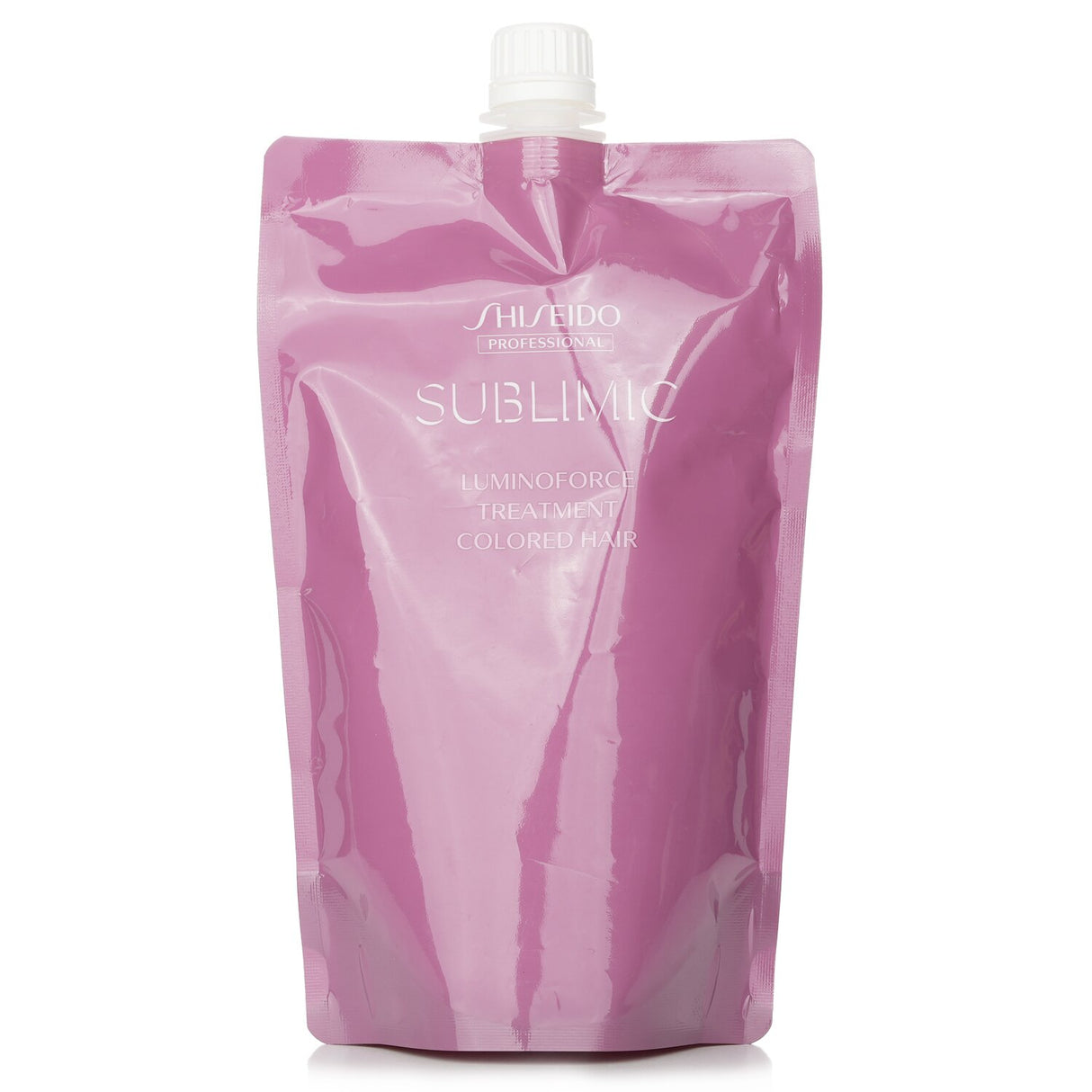 Shiseido Sublimic Luminoforce Treatment for colored hair in a 450g refill, enhancing shine and repairing damaged locks.