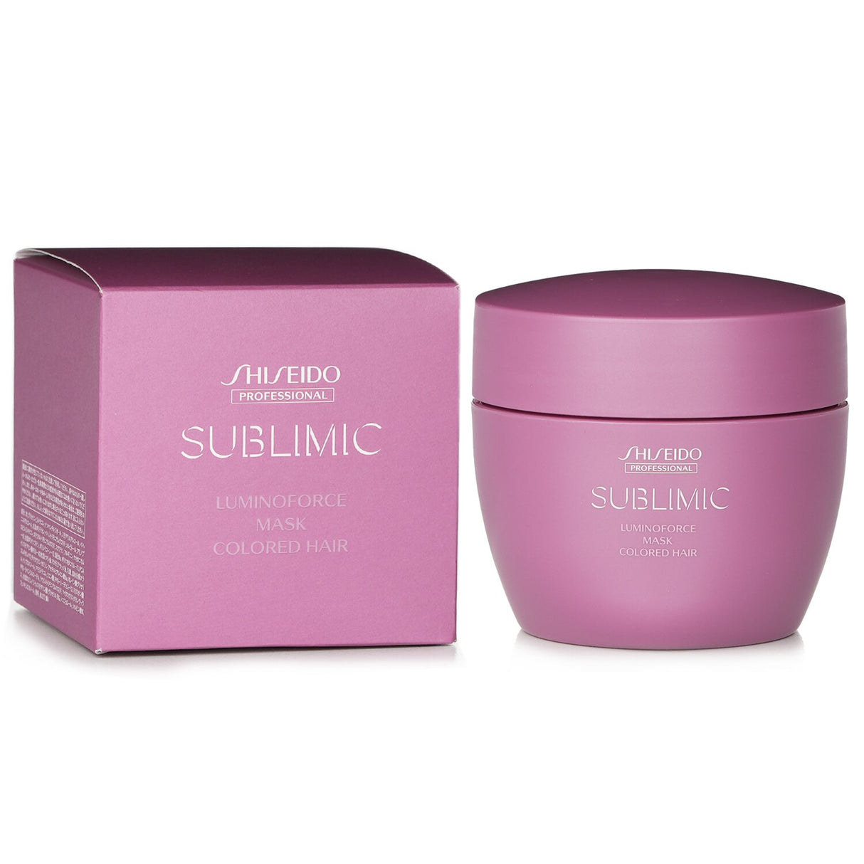 Shiseido Sublimic Luminoforce Mask for colored hair, enhances shine, repairs damage, and prevents color fading with rose fragrance.