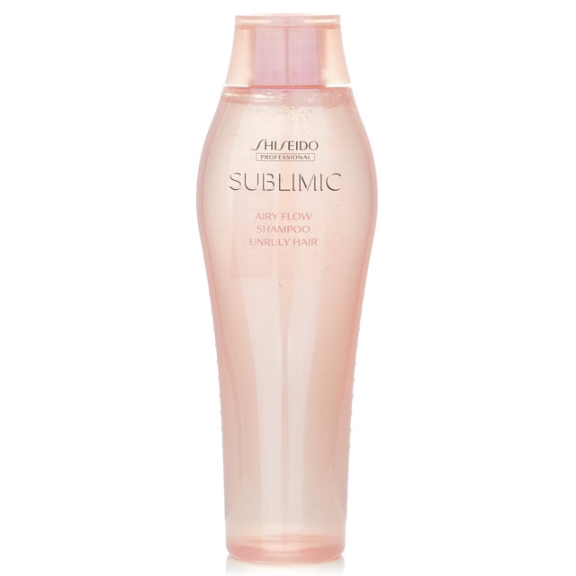 Shiseido Sublimic Airy Flow Shampoo for unruly hair, 250ml, offering softness, manageability, and a floral-fruity fragrance.