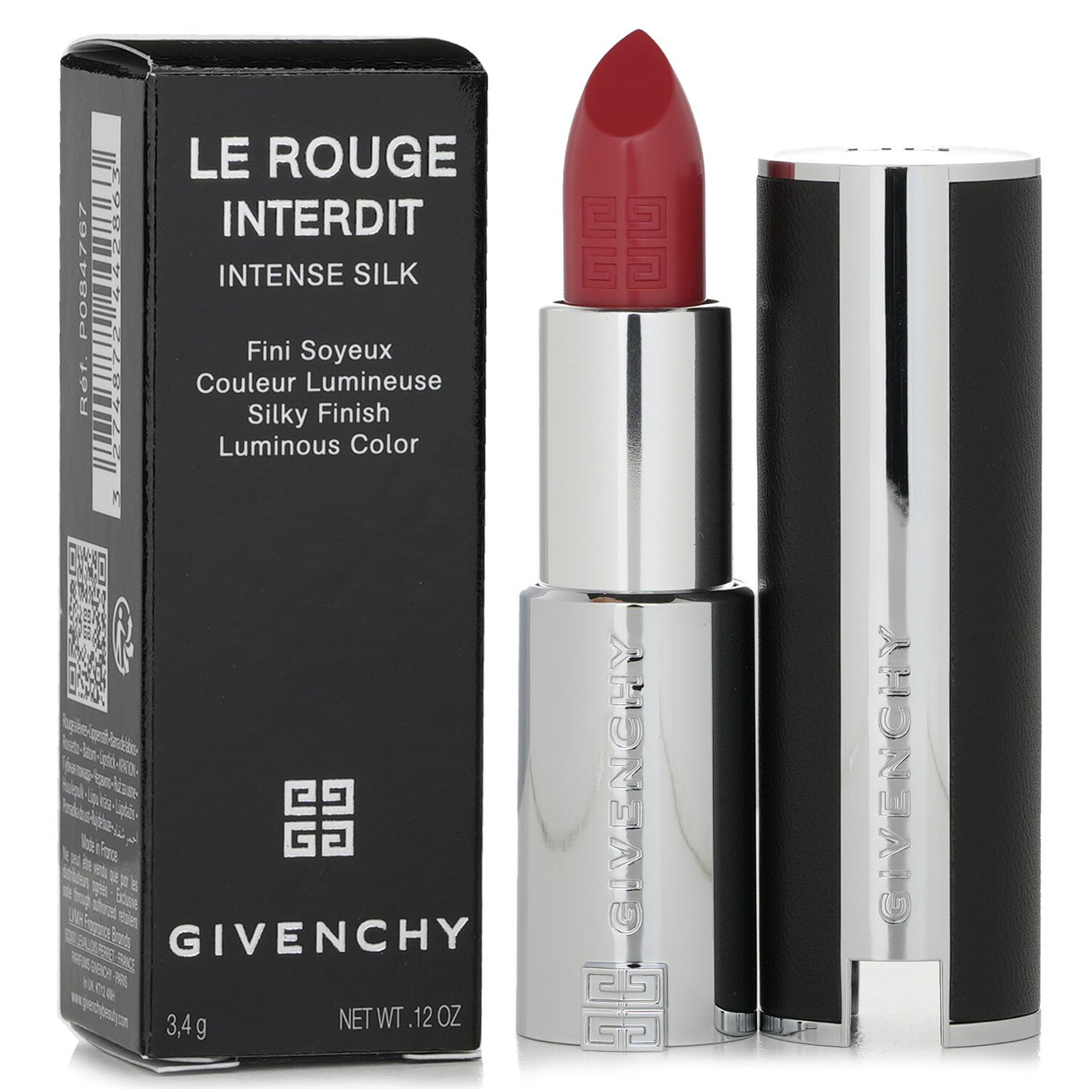 Givenchy Le Rouge Interdit Intense Silk Lipstick in #N227, vibrant red, semi-matte finish, with luxurious leather case and hydrating formula.