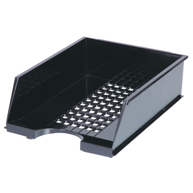 Esselte Jumbo A4 Document Tray in black with a lattice design, featuring high sides and stackable storage for organized workspaces.