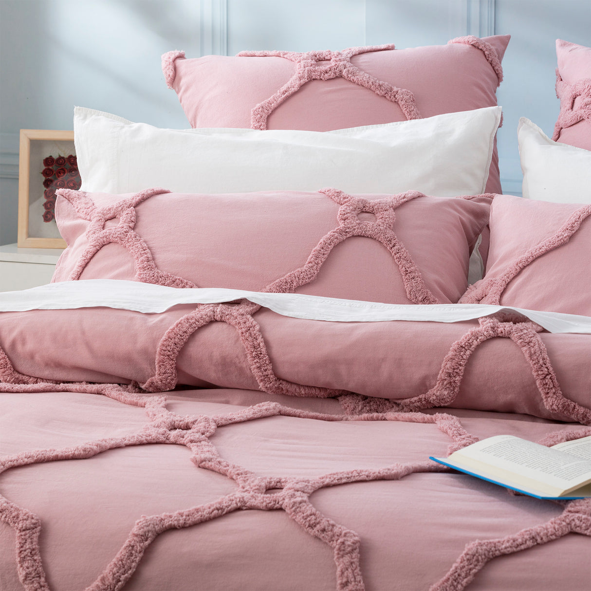 Moroccan 100% Cotton Vintage  Tufted Quilt / Duvet cover set Queen Blush