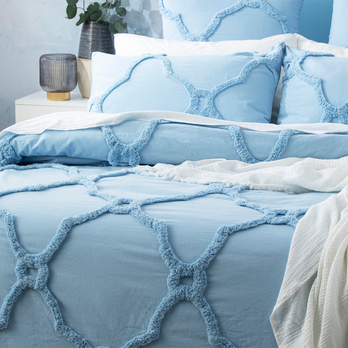 Moroccan 100% Cotton  Vintage washed Tufted Quilt / Duvet cover set King Sky