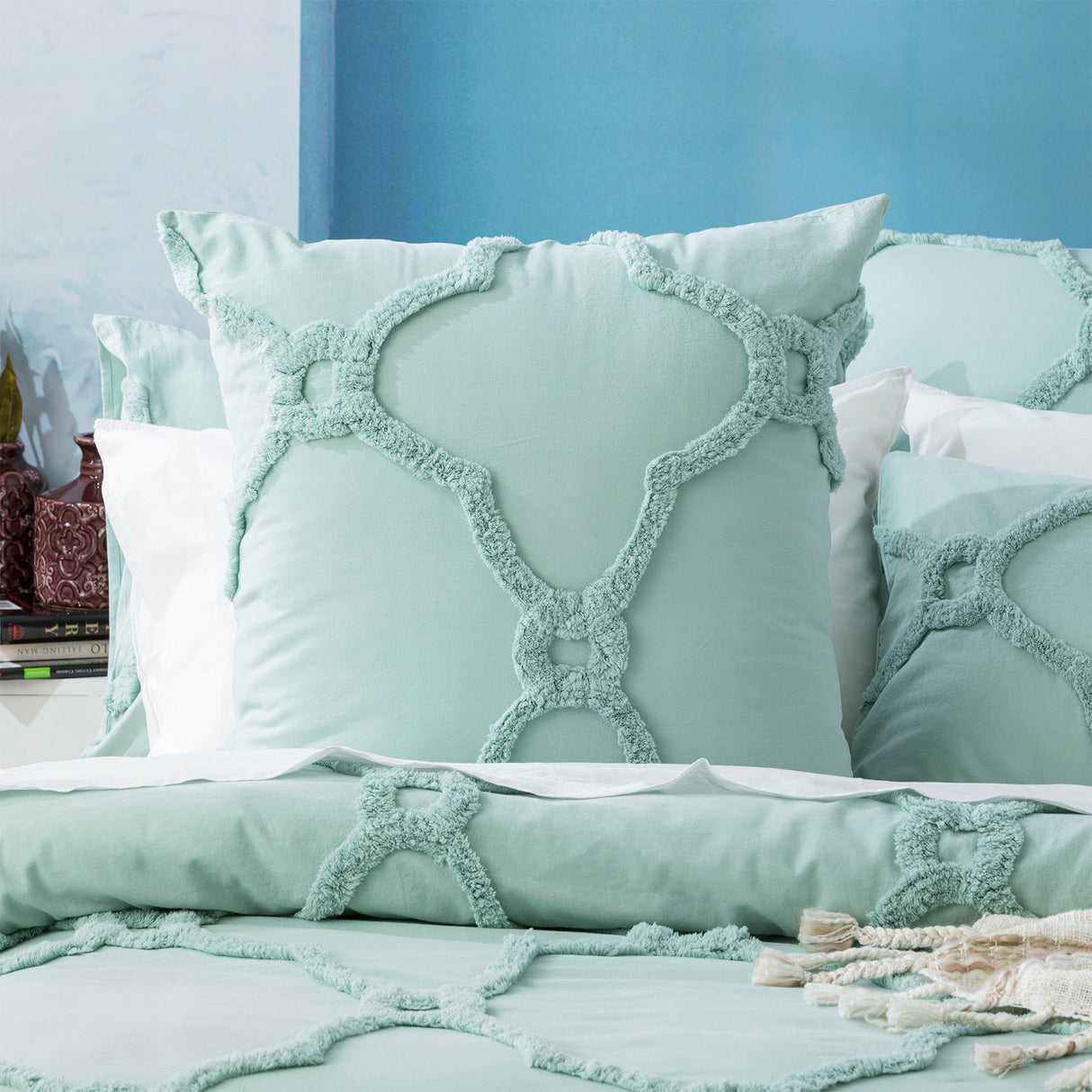 Moroccan 100% Cotton  Vintage washed Tufted Quilt / Duvet cover set Queen Sage