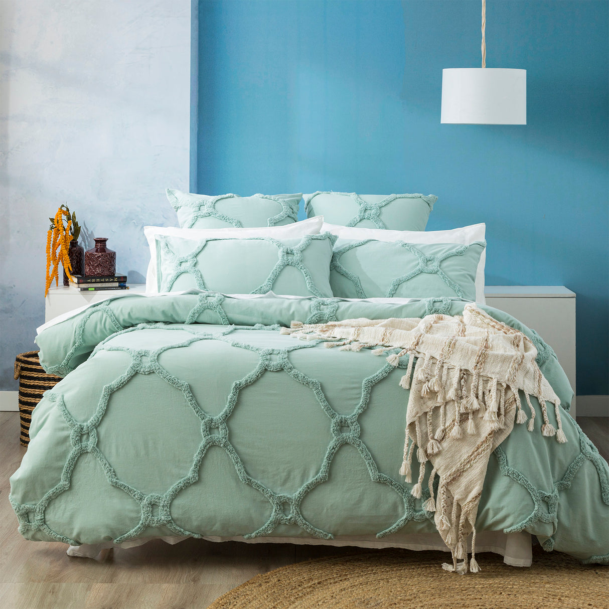 Moroccan 100% Cotton  Vintage  Tufted Quilt / Duvet cover set Super King Sage