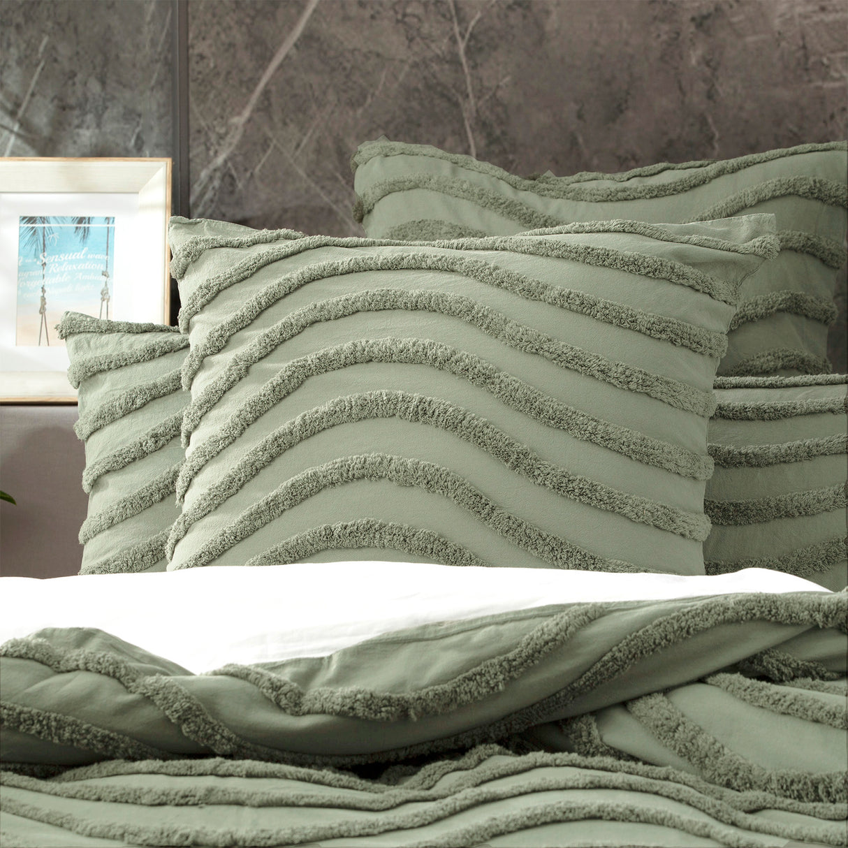 Wave 100% Cotton  Vintage washed tufted Quilt / Duvet cover Set Double Sage