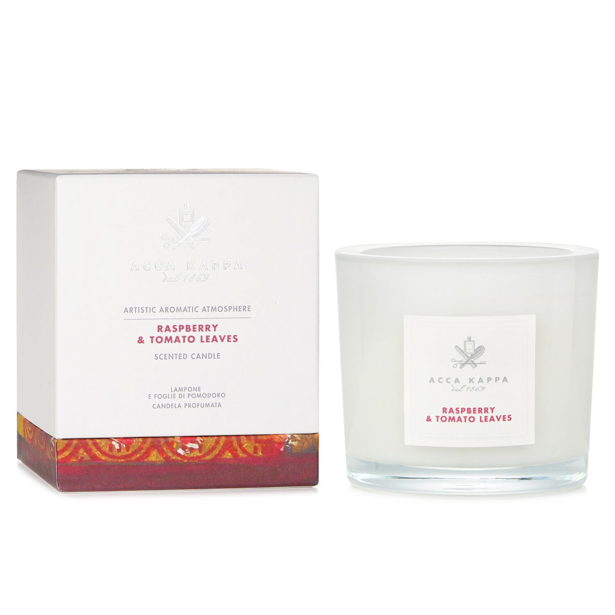 Acca Kappa scented candle featuring a fruity raspberry and fresh tomato leaves aroma, elegantly packaged for gifting.