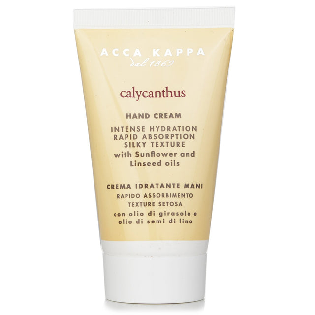 Luxurious Acca Kappa Calycanthus Hand Cream in a 75ml tube, offering deep hydration and a fragrant, non-greasy finish.