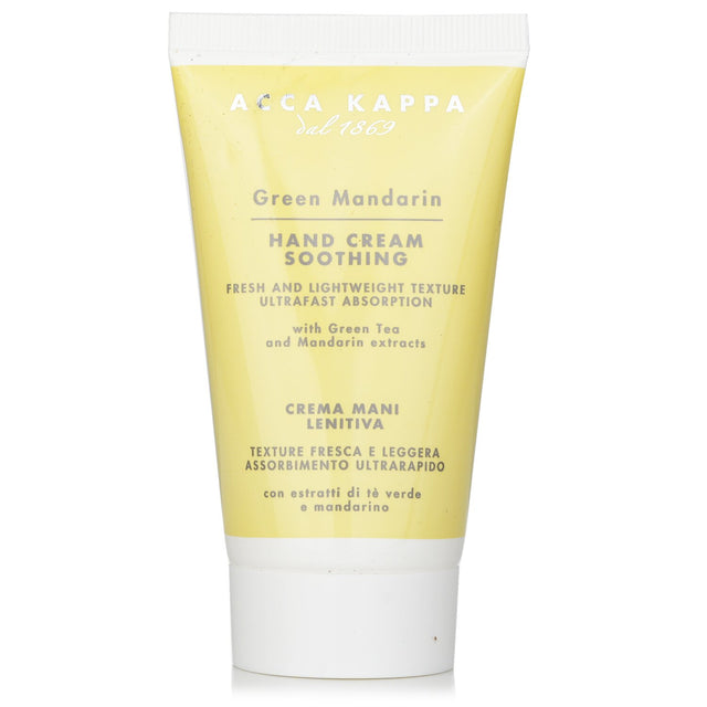 Luxurious Acca Kappa Green Mandarin Hand Cream in a 75ml tube, hydrates and nourishes with a refreshing scent.