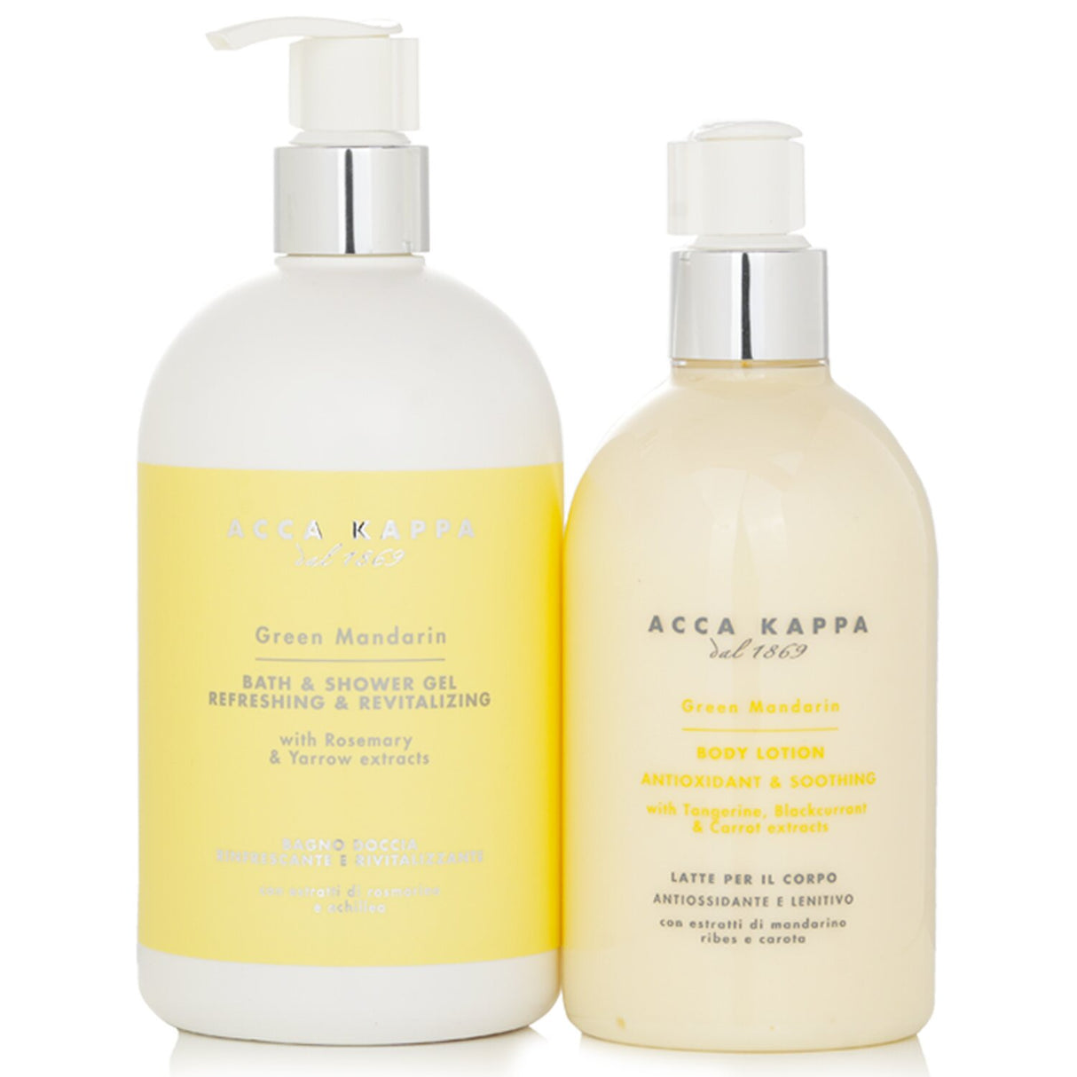 Acca Kappa Green Mandarin Body Care Gift Set featuring a 500ml shower gel and 300ml lotion for refreshing, citrus-scented hydration.