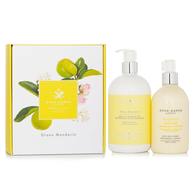 Acca Kappa Green Mandarin Body Care Gift Set featuring shower gel and body lotion, perfect for refreshing and hydrating skin.