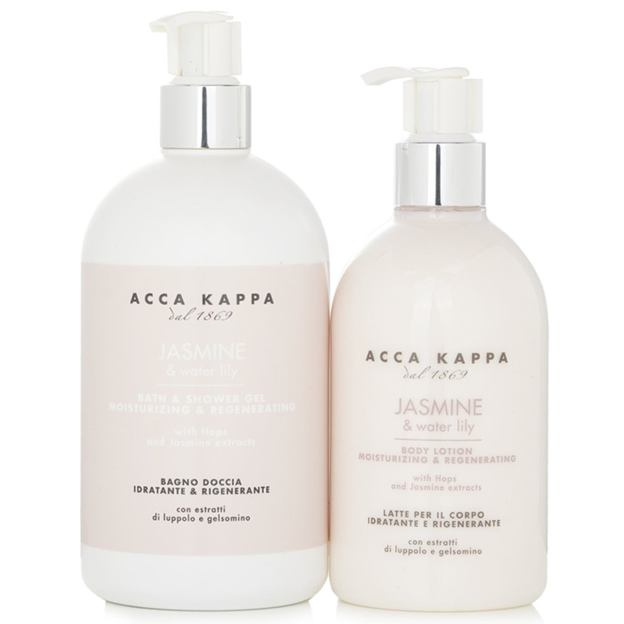 Acca Kappa Jasmine & Water Lily Body Care Gift Set featuring a shower gel and body lotion for luxurious skincare and hydration.