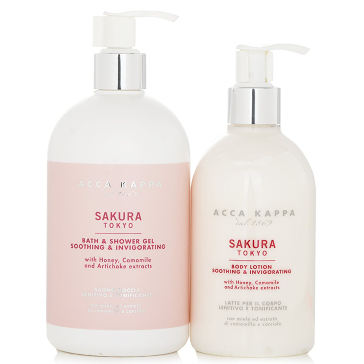 Acca Kappa Sakura Tokyo Body Care Gift Set featuring shower gel and body lotion with cherry blossom fragrance for skin rejuvenation.