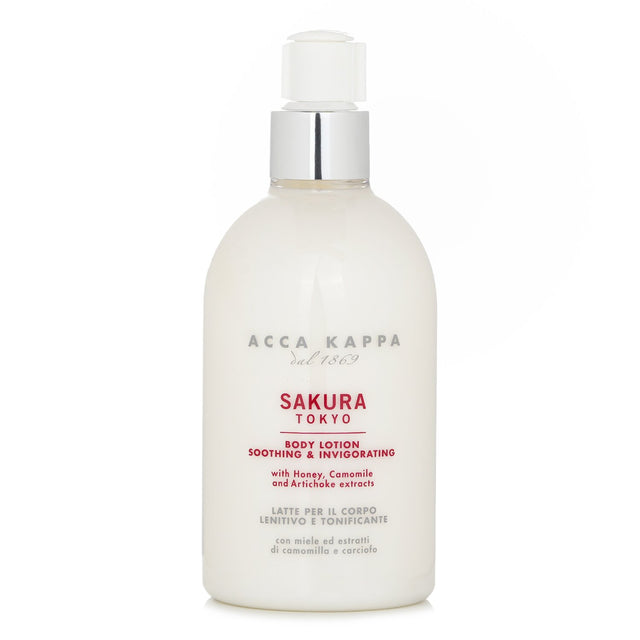 Acca Kappa Sakura Tokyo Body Lotion in a 300ml bottle, enriched with cherry blossoms for hydration and a floral scent.