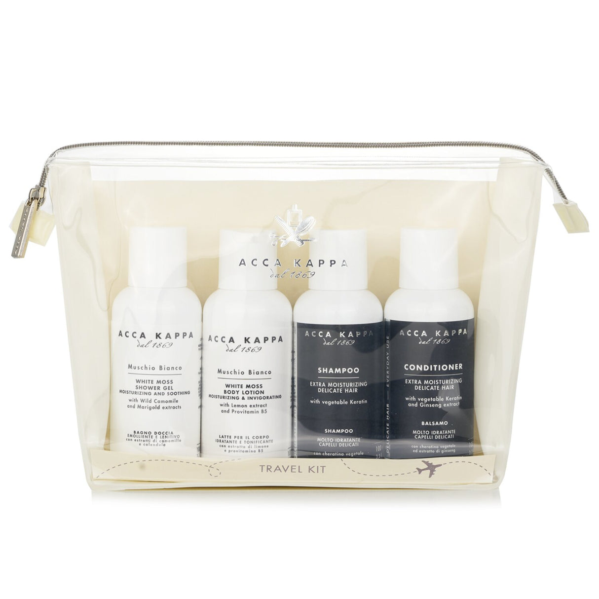 Travel-sized Acca Kappa White Moss Body Care Kit with shower gel, shampoo, conditioner, and lotion for luxurious care.