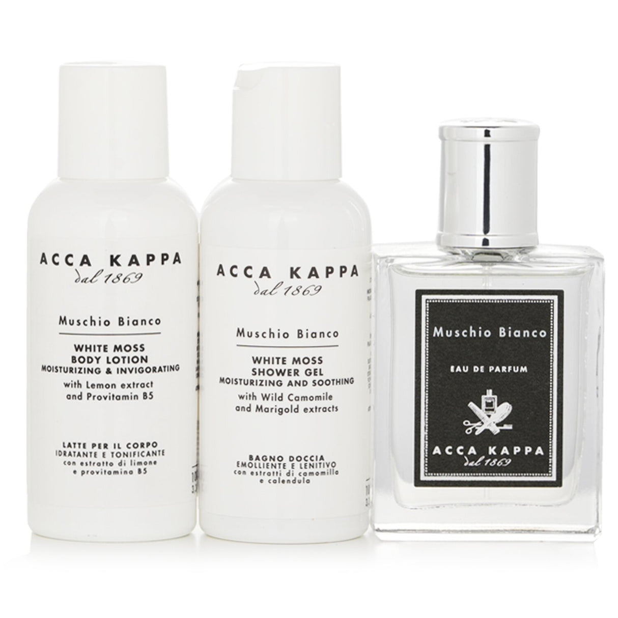 Acca Kappa White Moss Coffret featuring Eau De Parfum, Bath Gel, and Body Lotion for a luxurious fragrance experience.