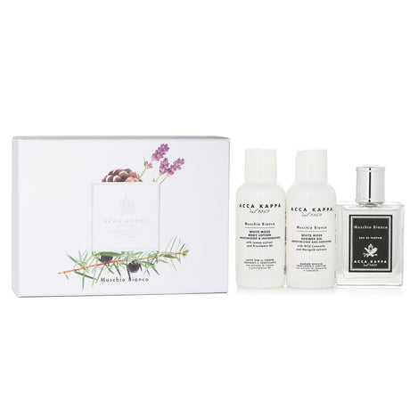 Acca Kappa White Moss Coffret featuring Eau De Parfum, Bath Gel, and Body Lotion for a luxurious fragrance experience.