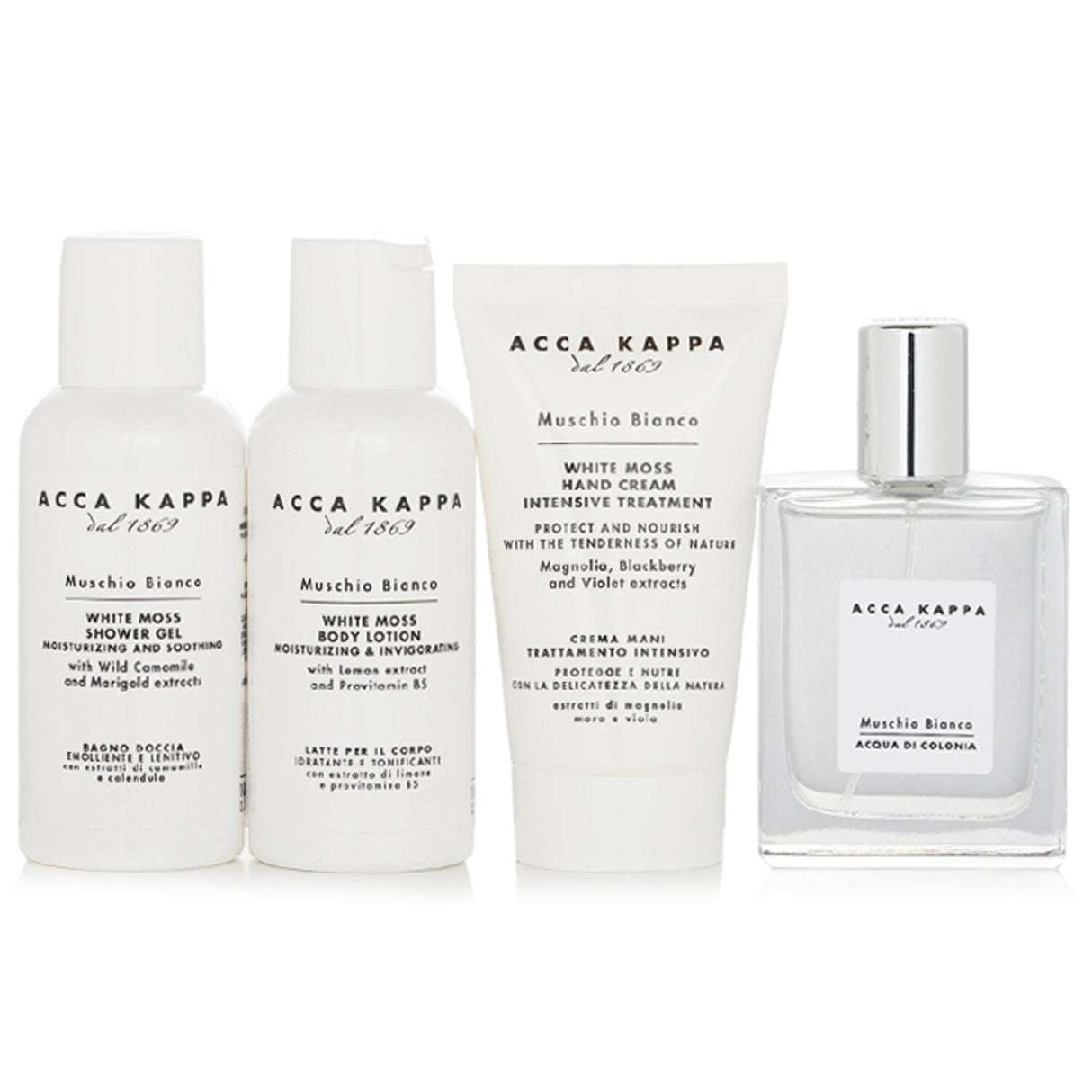 Elegant Acca Kappa White Moss Gift Set with Eau De Cologne, Shower Gel, Body Lotion, and Hand Cream for luxury self-care.