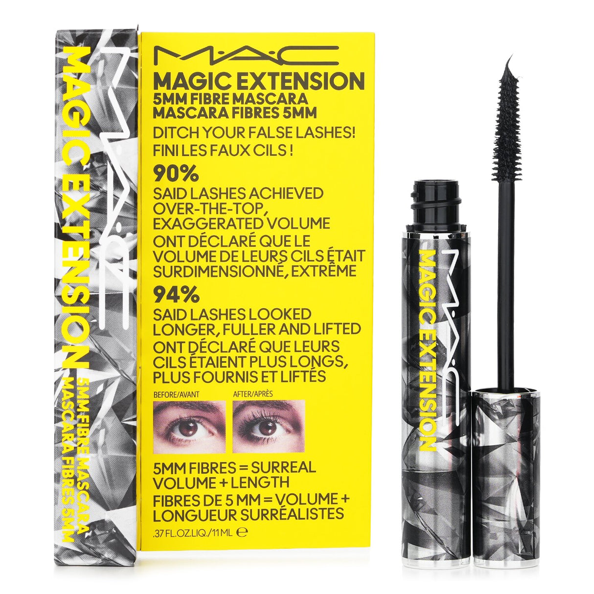 MAC Magic Extension 5mm Fibre Mascara in Black, featuring 5mm fibers for extreme volume and long-lasting curl.