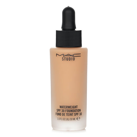 MAC Studio Waterweight Foundation in NC35, a lightweight gel-serum offering sheer to medium coverage and SPF 30 protection.