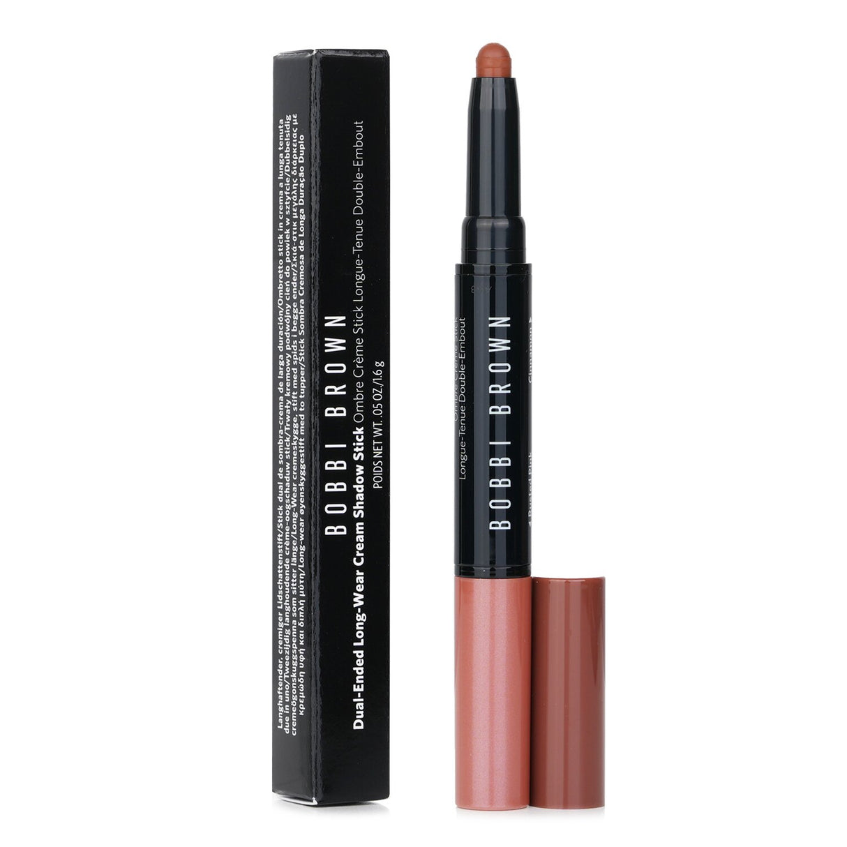 Dual-ended eye shadow stick featuring Rusted Pink and Cinnamon shades for effortless, long-lasting eye looks.