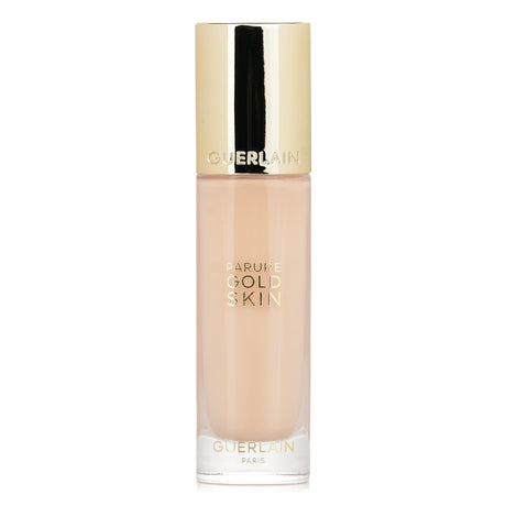 Luxurious foundation with 24-karat gold, offers radiant finish, skincare benefits, housed in elegant glass bottle.