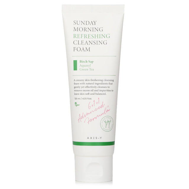 AXIS-Y Sunday Morning Refreshing Cleansing Foam in a 120ml bottle, ideal for hydrating and balancing all skin types.