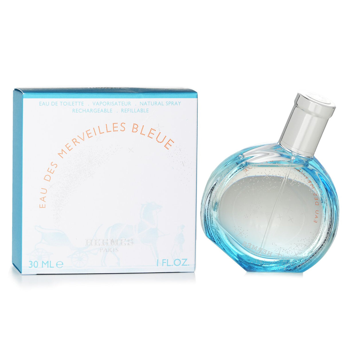 Hermes Eau Des Merveilles Bleue 30ml spray: a refillable, eco-friendly fragrance with refreshing citrus and floral notes.