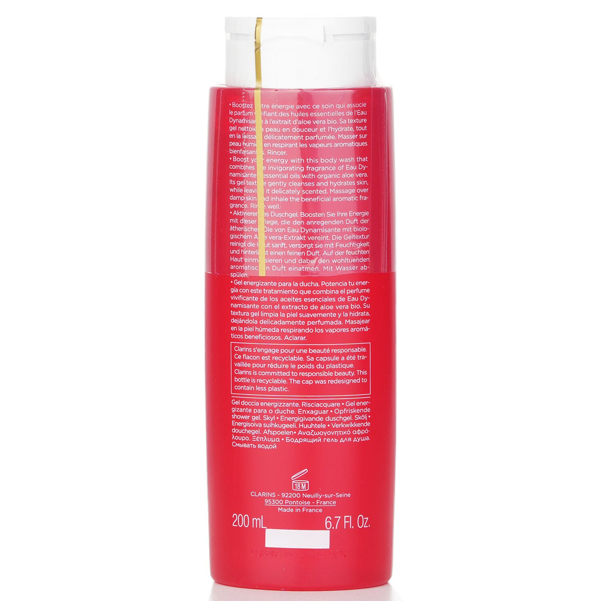 Refreshing Clarins Eau Dynamisante shower gel with aloe vera, 92% natural ingredients for gentle cleansing and hydration.