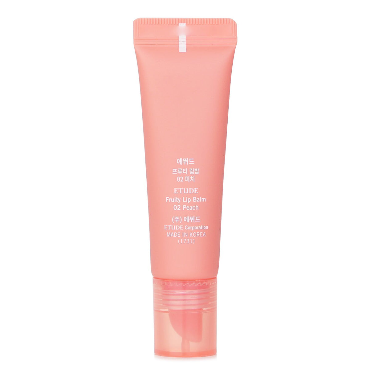 Peach-scented lip balm by Etude House, enriched with Berry Fruit Complex for hydration and a glossy finish.