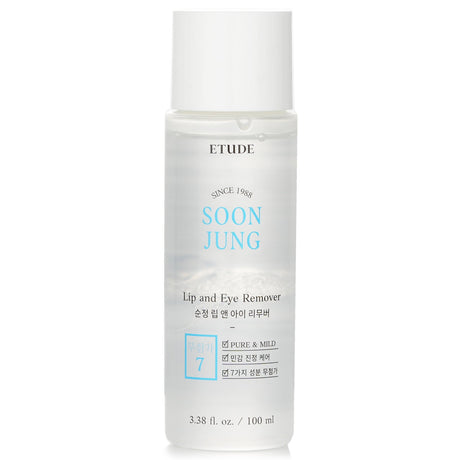 Etude House SoonJung Lip and Eye Remover in 100ml, gently removes heavy makeup while soothing sensitive skin.