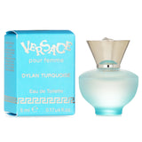 Miniature 5ml Versace Dylan Turquoise Eau De Toilette, featuring vibrant notes of lemon and wild berries for a refreshing scent.